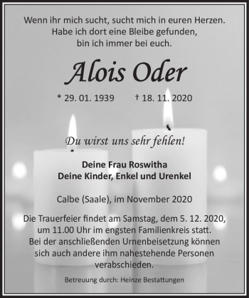 Traueranzeige von Alois Oder  von Magdeburger Volksstimme