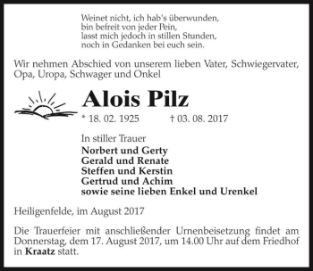 Traueranzeige von Alois Pilz  von Magdeburger Volksstimme