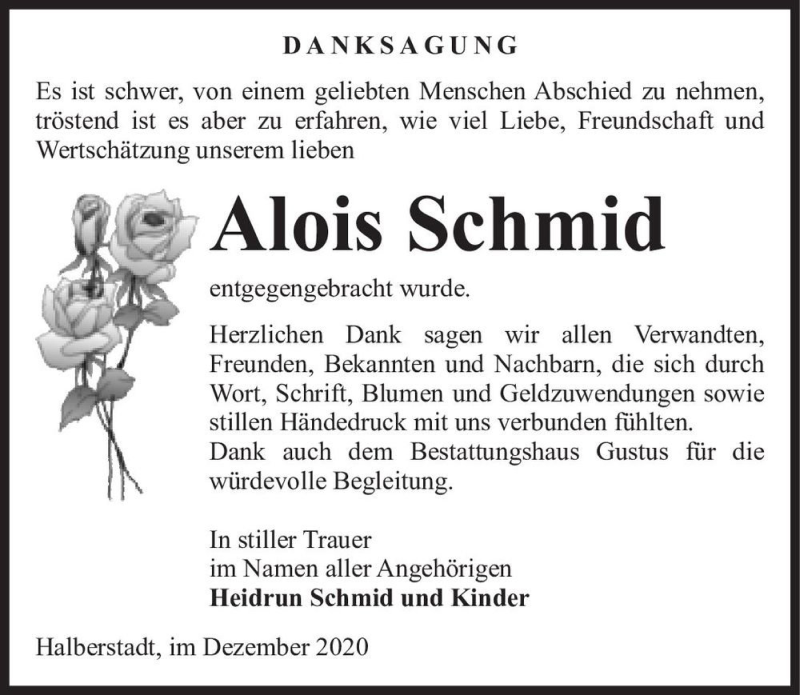  Traueranzeige für Alois Schmid  vom 12.12.2020 aus Magdeburger Volksstimme