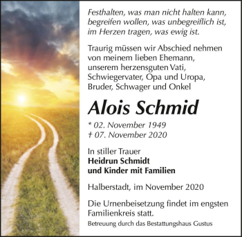 Traueranzeige von Alois Schmid  von Magdeburger Volksstimme