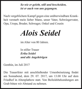 Traueranzeige von Alois Seidel  von Magdeburger Volksstimme