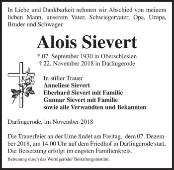 Traueranzeige von Alois Sievert  von Magdeburger Volksstimme