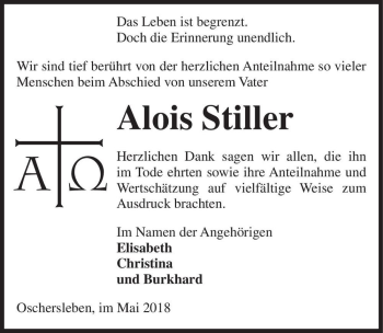 Traueranzeige von Alois Stiller  von Magdeburger Volksstimme