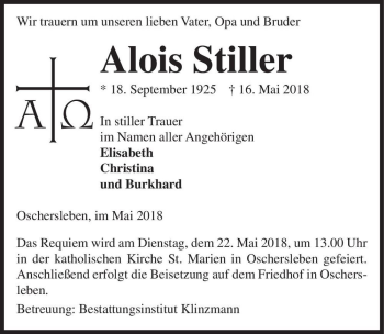 Traueranzeige von Alois Stiller  von Magdeburger Volksstimme
