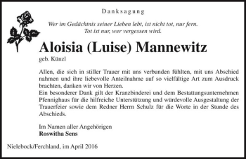 Traueranzeige von Aloisia (Luise) Mannewitz (geb. Künzl)  von Magdeburger Volksstimme