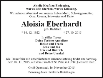 Traueranzeige von Aloisia Eberhardt (geb. Raditsch)  von Magdeburger Volksstimme