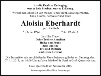 Traueranzeige von Aloisia Eberhardt (geb. Raditsch)  von Magdeburger Volksstimme