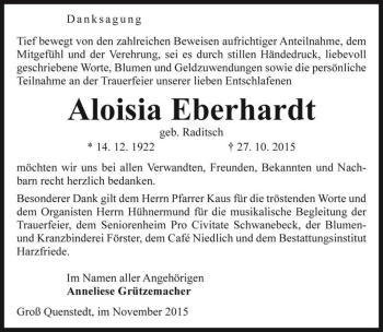 Traueranzeige von Aloisia Eberhardt (geb. Raditsch)  von Magdeburger Volksstimme