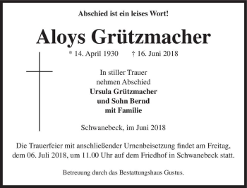 Traueranzeige von Aloys Grützmacher  von Magdeburger Volksstimme