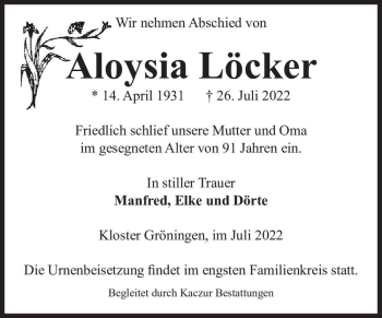 Traueranzeige von Aloysia Löcker  von Magdeburger Volksstimme