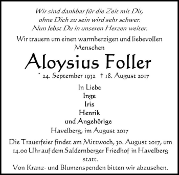 Traueranzeige von Aloysius Foller  von Magdeburger Volksstimme