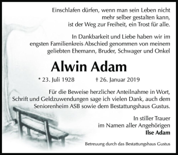 Traueranzeige von Alwin Adam  von Magdeburger Volksstimme