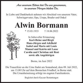 Traueranzeige von Alwin Bormann  von Magdeburger Volksstimme
