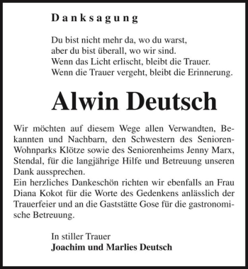 Traueranzeige von Alwin Deutsch  von Magdeburger Volksstimme