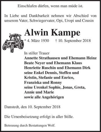 Traueranzeige von Alwin Kampe  von Magdeburger Volksstimme