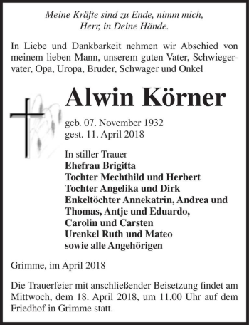 Traueranzeige von Alwin Körner  von Magdeburger Volksstimme
