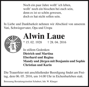 Traueranzeige von Alwin Laue  von Magdeburger Volksstimme