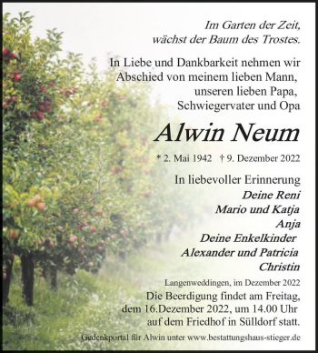 Traueranzeige von Alwin Neum  von Magdeburger Volksstimme