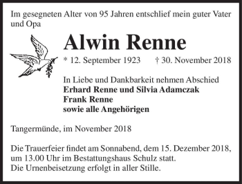 Traueranzeige von Alwin Renne  von Magdeburger Volksstimme