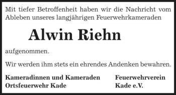 Traueranzeige von Alwin Riehn  von Magdeburger Volksstimme