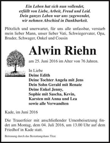 Traueranzeige von Alwin Riehn  von Magdeburger Volksstimme