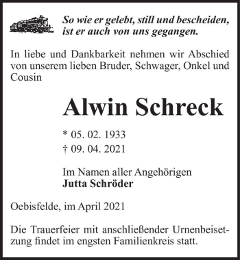 Traueranzeige von Alwin Schreck  von Magdeburger Volksstimme