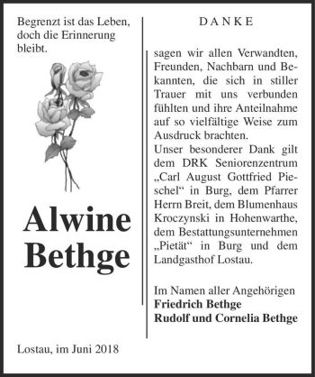 Traueranzeige von Alwine Bethge  von Magdeburger Volksstimme