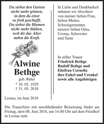 Traueranzeige von Alwine Bethge (geb. Rüter)  von Magdeburger Volksstimme