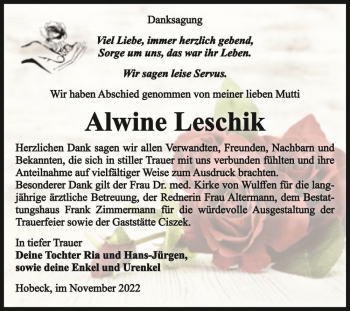 Traueranzeige von Alwine Leschik  von Magdeburger Volksstimme