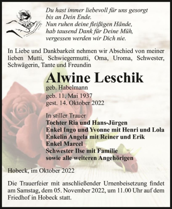 Traueranzeige von Alwine Leschik (geb. Habelmann)  von Magdeburger Volksstimme