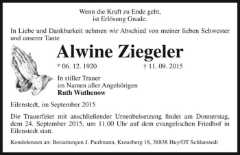 Traueranzeige von Alwine Ziegeler  von Magdeburger Volksstimme