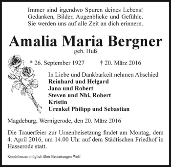Traueranzeige von Amalia Maria Bergner (geb. Huß)  von Magdeburger Volksstimme