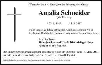 Traueranzeige von Amalia Schneider (geb. Henning)  von Magdeburger Volksstimme