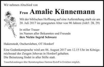 Traueranzeige von Amalie Künnemann  von Magdeburger Volksstimme