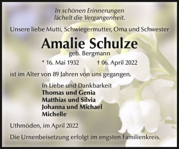 Traueranzeige von Amalie Schulze (geb. Bergmann)  von Magdeburger Volksstimme