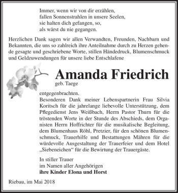 Traueranzeige von Amanda Friedrich (geb. Taege)  von Magdeburger Volksstimme