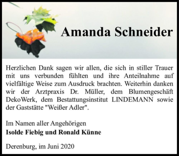 Traueranzeige von Amanda Schneider  von Magdeburger Volksstimme