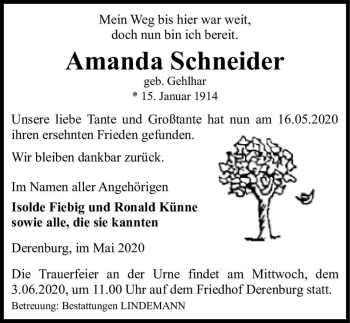 Traueranzeige von Amanda Schneider (geb. Gehlhar)  von Magdeburger Volksstimme