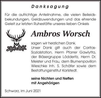 Traueranzeige von Ambros Worsch  von Magdeburger Volksstimme