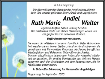 Traueranzeige von Andiel Ruth Marie Walter  von Magdeburger Volksstimme