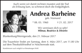 Traueranzeige von Andrea Barheine (geb. Niemand)  von Magdeburger Volksstimme