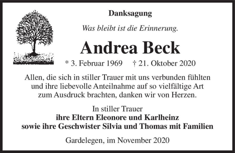  Traueranzeige für Andrea Beck  vom 18.11.2020 aus Magdeburger Volksstimme