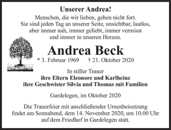 Traueranzeige von Andrea Beck  von Magdeburger Volksstimme