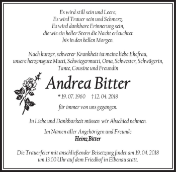 Traueranzeige von Andrea Bitter  von Magdeburger Volksstimme