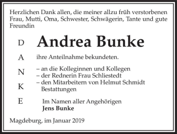 Traueranzeige von Andrea Bunke  von Magdeburger Volksstimme