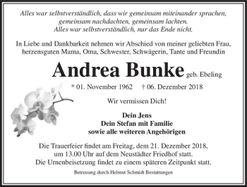 Traueranzeige von Andrea Bunke (geb. Ebeling)  von Magdeburger Volksstimme