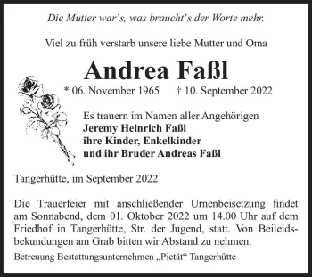 Traueranzeige von Andrea Faßl  von Magdeburger Volksstimme