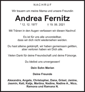 Traueranzeige von Andrea Fernitz  von Magdeburger Volksstimme