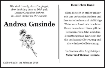 Traueranzeige von Andrea Gusinde  von Magdeburger Volksstimme