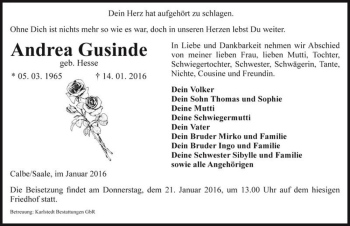 Traueranzeige von Andrea Gusinde (geb. Hesse)  von Magdeburger Volksstimme